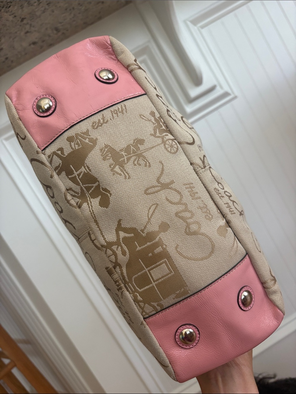 Coach Horse & Carriage Pleated Gallery Tote Pink Leather Khaki Y2K Shoulder Bag - Picture 7 of 17